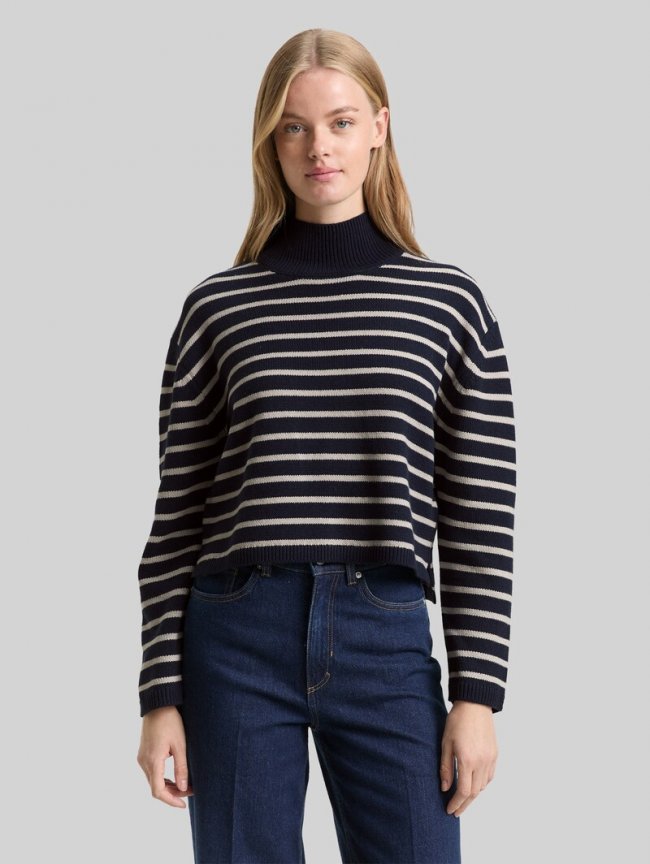 Tom Tailor Relaxed Fit Strickpullover mit Streifenmuster - Navy Cloud Grey Stripe
