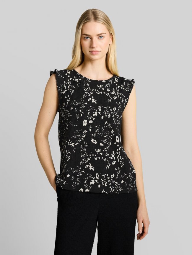 Tom Tailor Loose Fit Crinkle Top mit Volants - Black White Flower Print Tom Tailor Loose Fit Crinkle Top mit Volants - Black White Flower Print