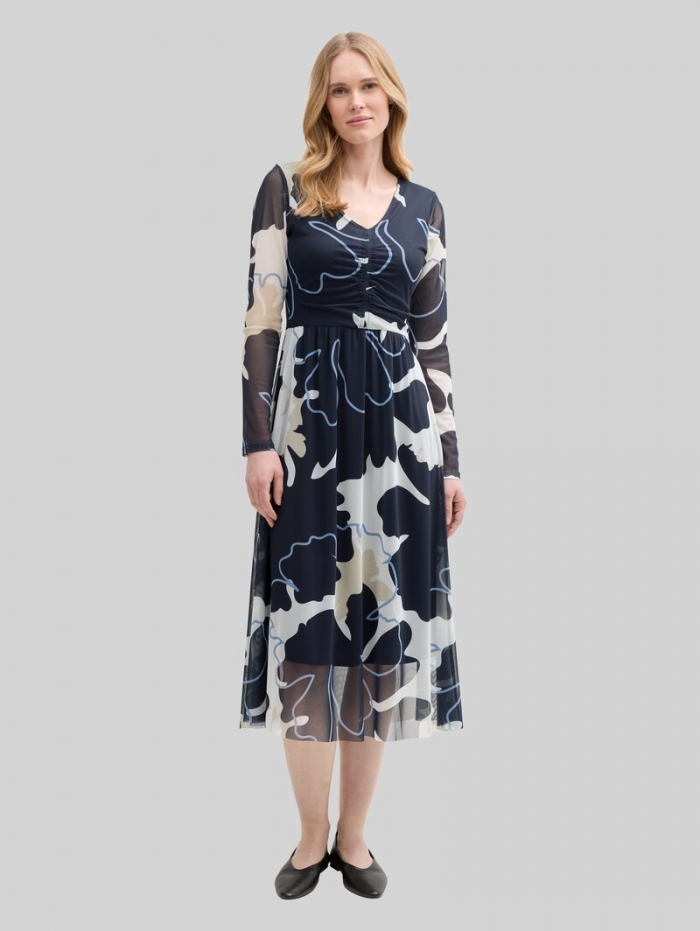 Tom Tailor Midi-Meshkleid mit Raffungen - Big Floral Shapes Design Tom Tailor Midi-Meshkleid mit Raffungen - Big Floral Shapes Design