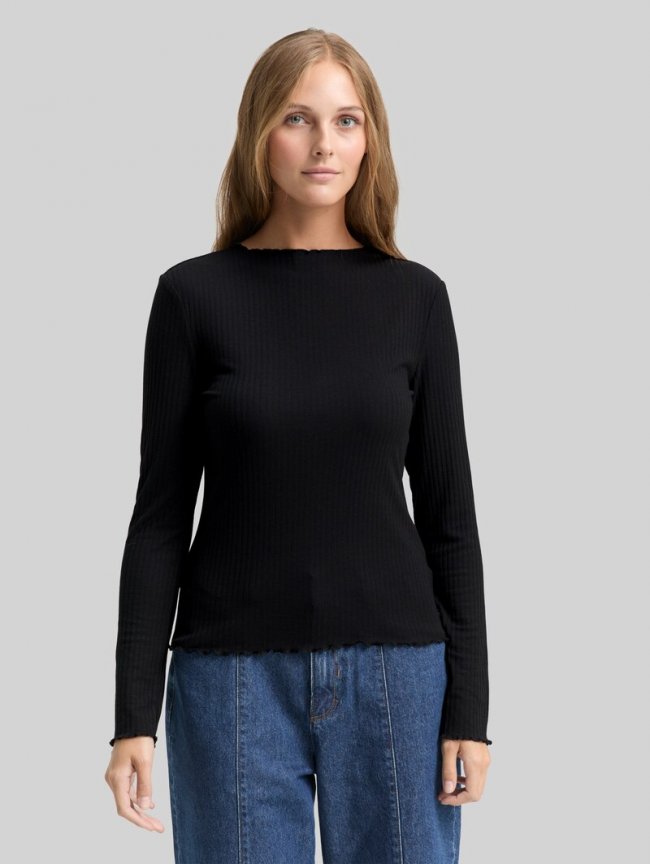 Tom Tailor Ripp Langarmshirt mit Stehkragen - Deep Black Tom Tailor Ripp Langarmshirt mit Stehkragen - Deep Black
