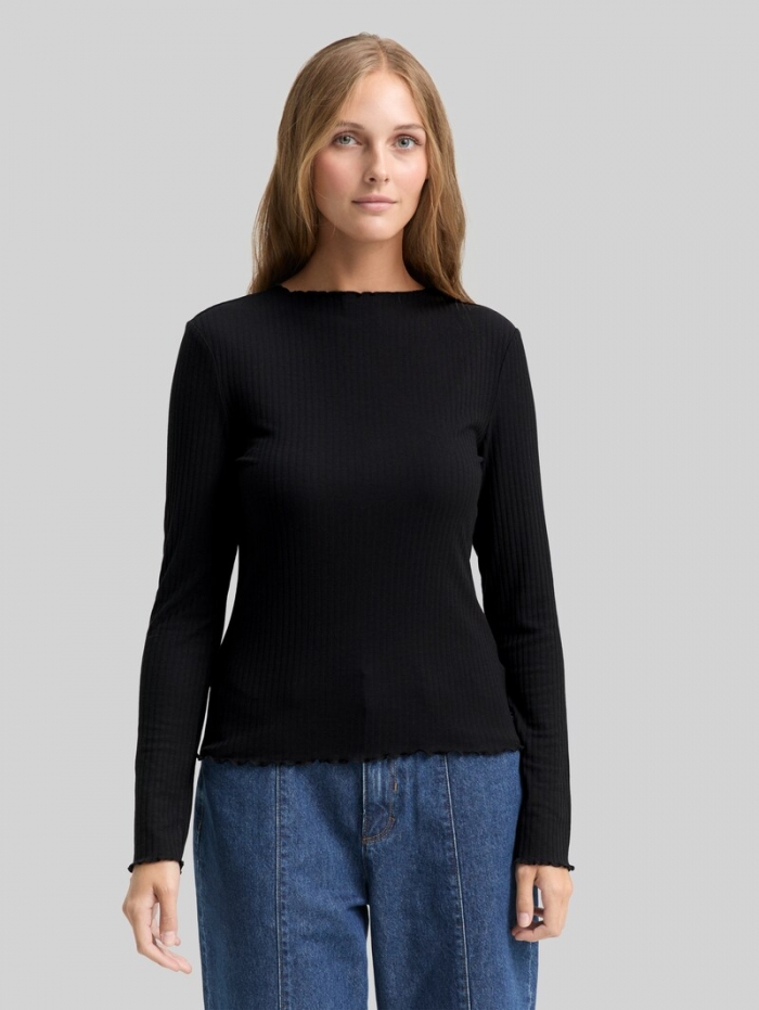 Tom Tailor Ripp Langarmshirt mit Stehkragen - Deep Black Tom Tailor Ripp Langarmshirt mit Stehkragen - Deep Black