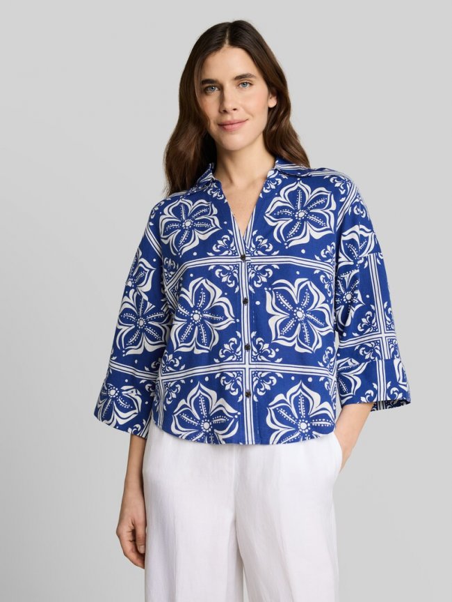 Tom Tailor Oversize Bluse mit Leinenanteil - Blue Flower Tile Design Tom Tailor Oversize Bluse mit Leinenanteil - Blue Flower Tile Design