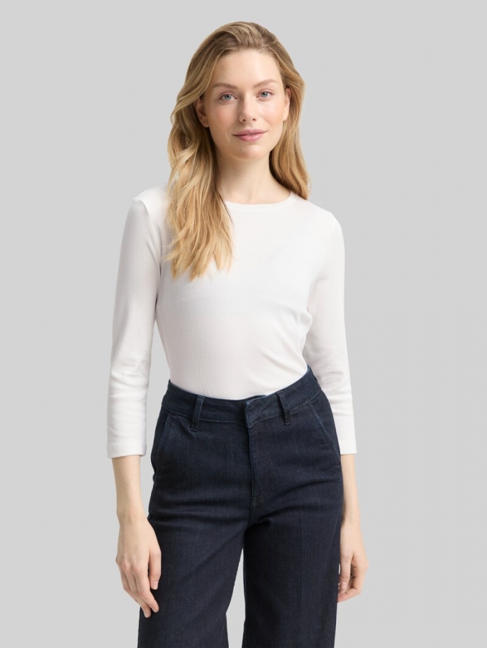 Tom Tailor Slim Fit Langarmshirt mit Glitzer-Logo - Whisper White Tom Tailor Slim Fit Langarmshirt mit Glitzer-Logo - Whisper White