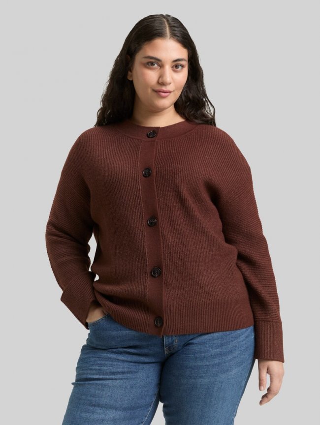 Tom Tailor Plus Size - Oversize Cardigan mit Rundhalsausschnitt - Dark Pecan Brown Melange Tom Tailor Plus Size - Oversize Cardigan mit Rundhalsausschnitt - Dark Pecan Brown Melange
