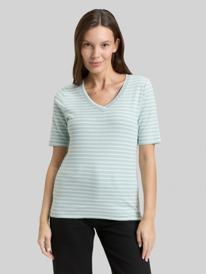 Tom Tailor Slim Fit T-Shirt mit V-Ausschnitt - Blue Haze Offwhite Stripe Tom Tailor Slim Fit T-Shirt mit V-Ausschnitt - Blue Haze Offwhite Stripe