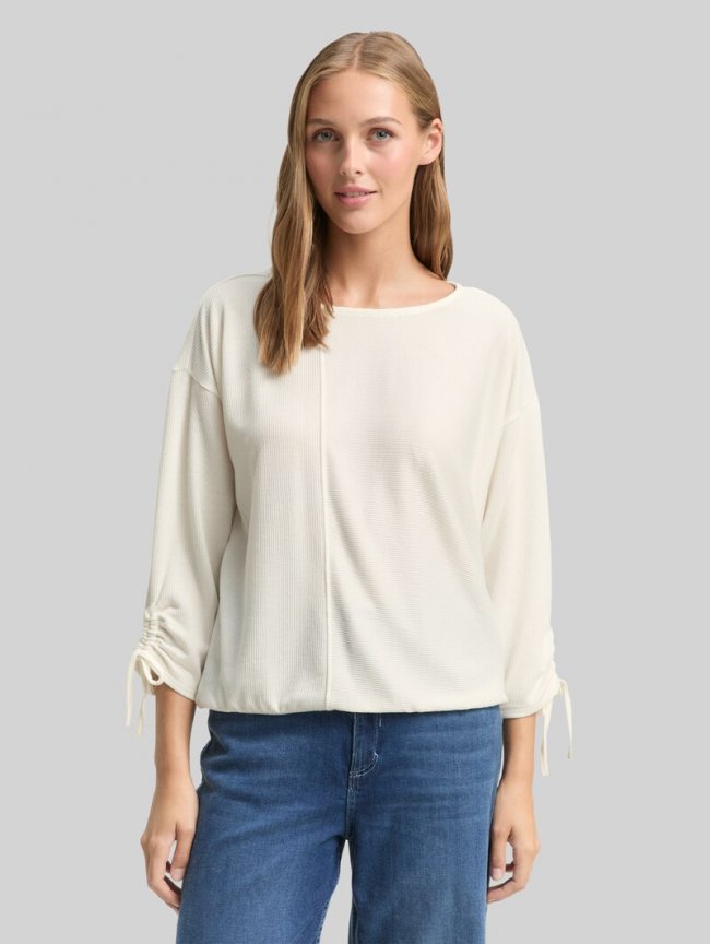 Tom Tailor Loose Fit Langarmshirt mit Raffärmeln - Off White Tom Tailor Loose Fit Langarmshirt mit Raffärmeln - Off White