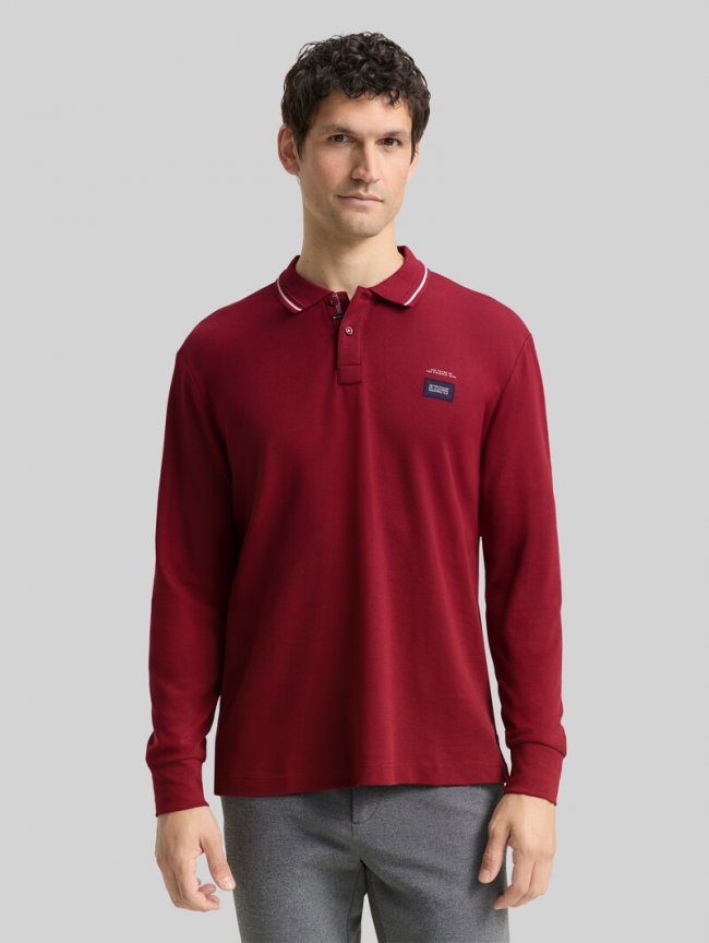 Tom Tailor Langarm Piqué Poloshirt mit Logo-Print - Cabarnet Bordeaux Red Tom Tailor Langarm Piqué Poloshirt mit Logo-Print - Cabarnet Bordeaux Red