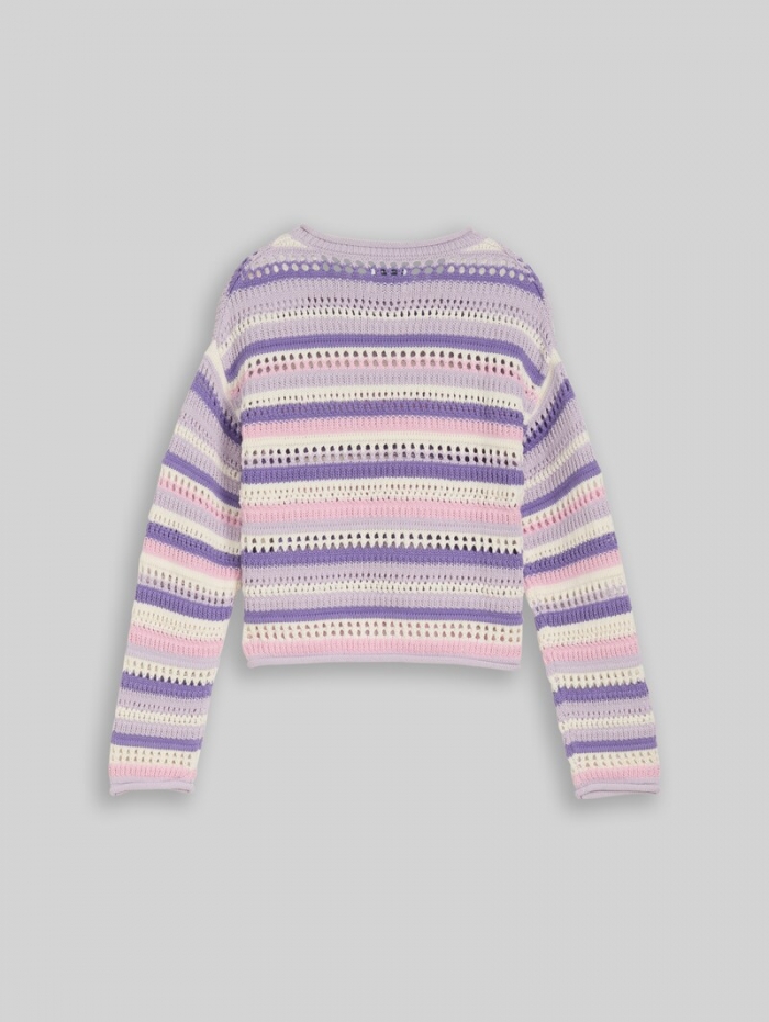 Tom Tailor Cropped Strickpullover mit Streifenmuster - Lilac Pink Multicolor Stripe
