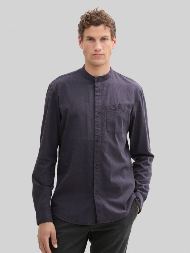 Tom Tailor Basic Fit Hemd mit Stehkragen - Navy Herringbone Structure Tom Tailor Basic Fit Hemd mit Stehkragen - Navy Herringbone Structure
