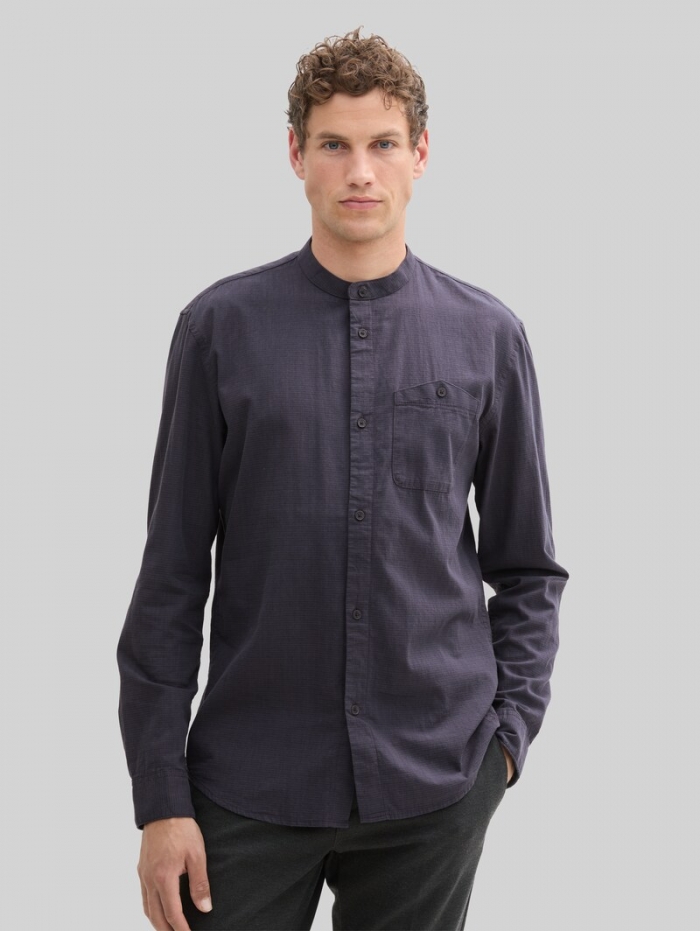 Tom Tailor Basic Fit Hemd mit Stehkragen - Navy Herringbone Structure Tom Tailor Basic Fit Hemd mit Stehkragen - Navy Herringbone Structure