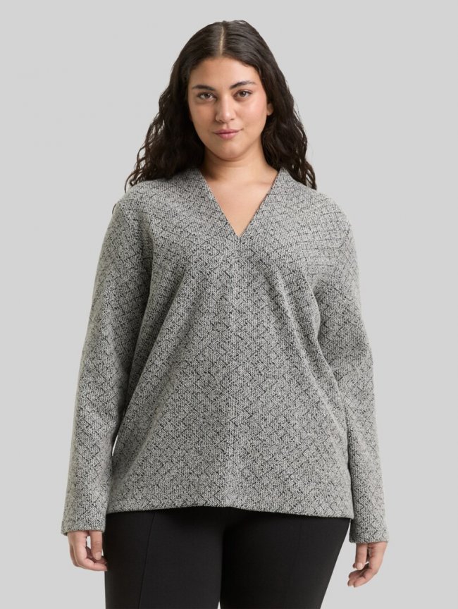 Tom Tailor Plus Size - Sweatshirt mit V-Ausschnitt - Black White Argyle Structure Tom Tailor Plus Size - Sweatshirt mit V-Ausschnitt - Black White Argyle Structure
