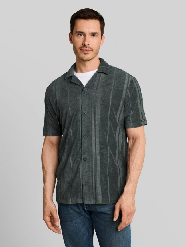Tom Tailor Regular Fit Frottee Kurzarmhemd mit Streifenmuster - Darkest Olive Tom Tailor Regular Fit Frottee Kurzarmhemd mit Streifenmuster - Darkest Olive