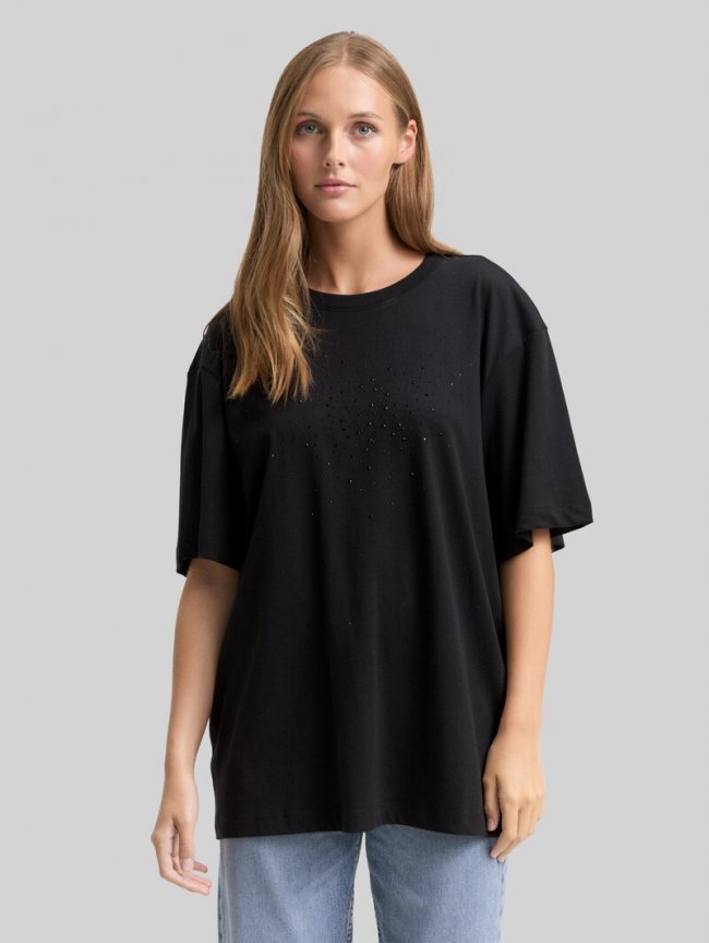 Tom Tailor Oversize T-Shirt mit Strasssteinen - Deep Black Tom Tailor Oversize T-Shirt mit Strasssteinen - Deep Black