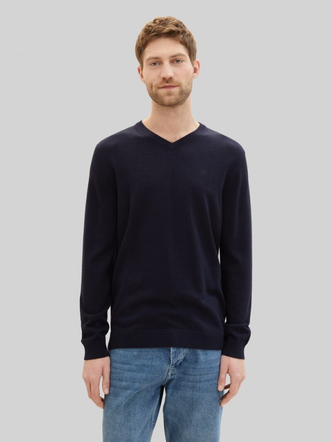 Tom Tailor Strickpullover mit V-Ausschnitt - Knitted Navy Melange Tom Tailor Strickpullover mit V-Ausschnitt - Knitted Navy Melange