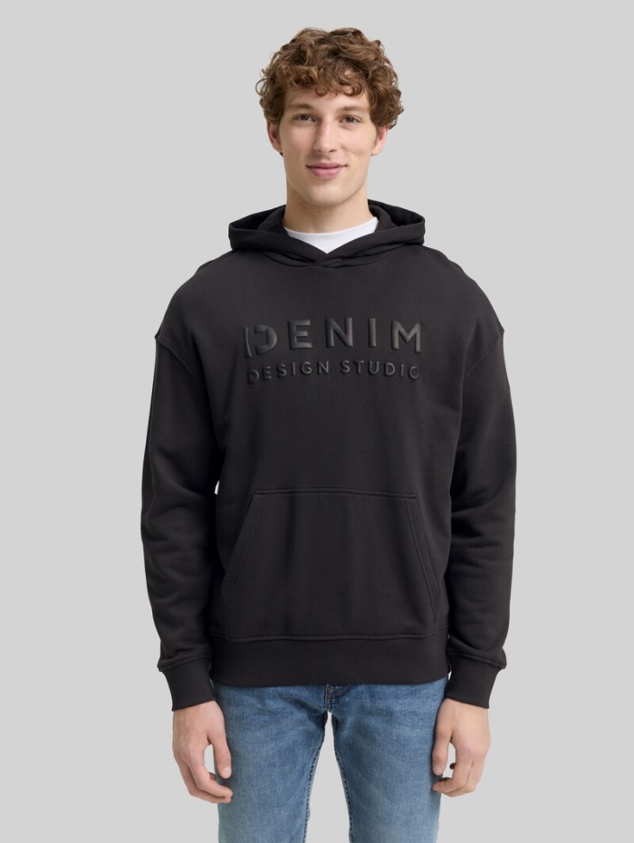 Tom Tailor Relaxed Fit Hoodie Sweatshirt mit Print - Night Watch Black