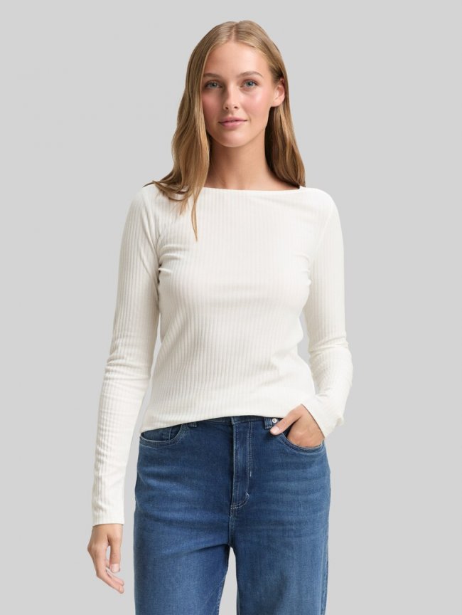 Tom Tailor Slim Fit Langarmshirt mit U-Boot-Ausschnitt - Off White