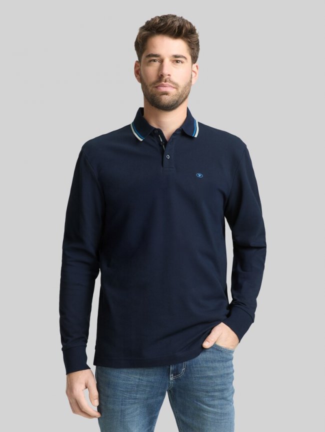Tom Tailor Langarm Poloshirt mit Logo-Print - Sky Captain Blue Tom Tailor Langarm Poloshirt mit Logo-Print - Sky Captain Blue
