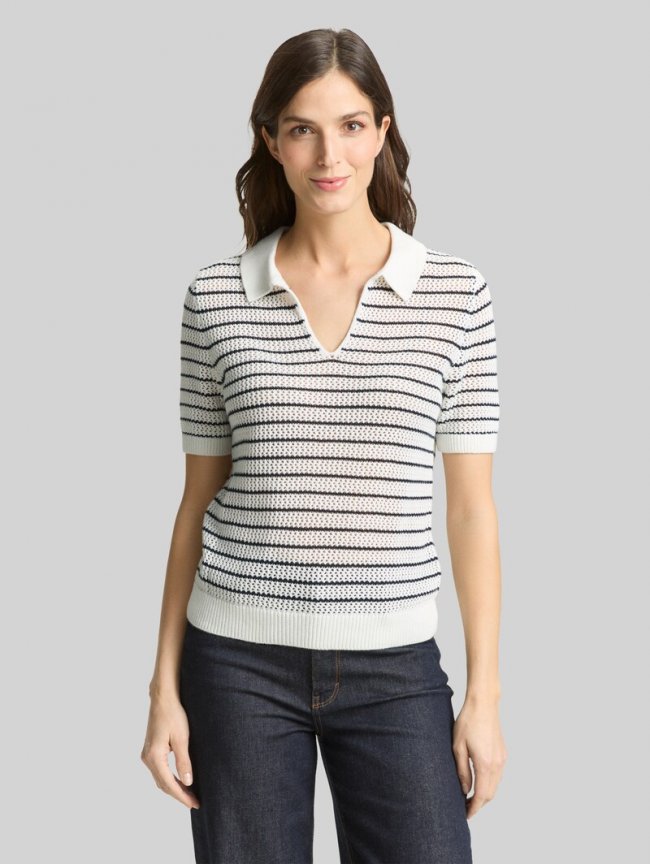 Tom Tailor Strickpullover mit Polokragen - White Navy Structure Stripe Tom Tailor Strickpullover mit Polokragen - White Navy Structure Stripe