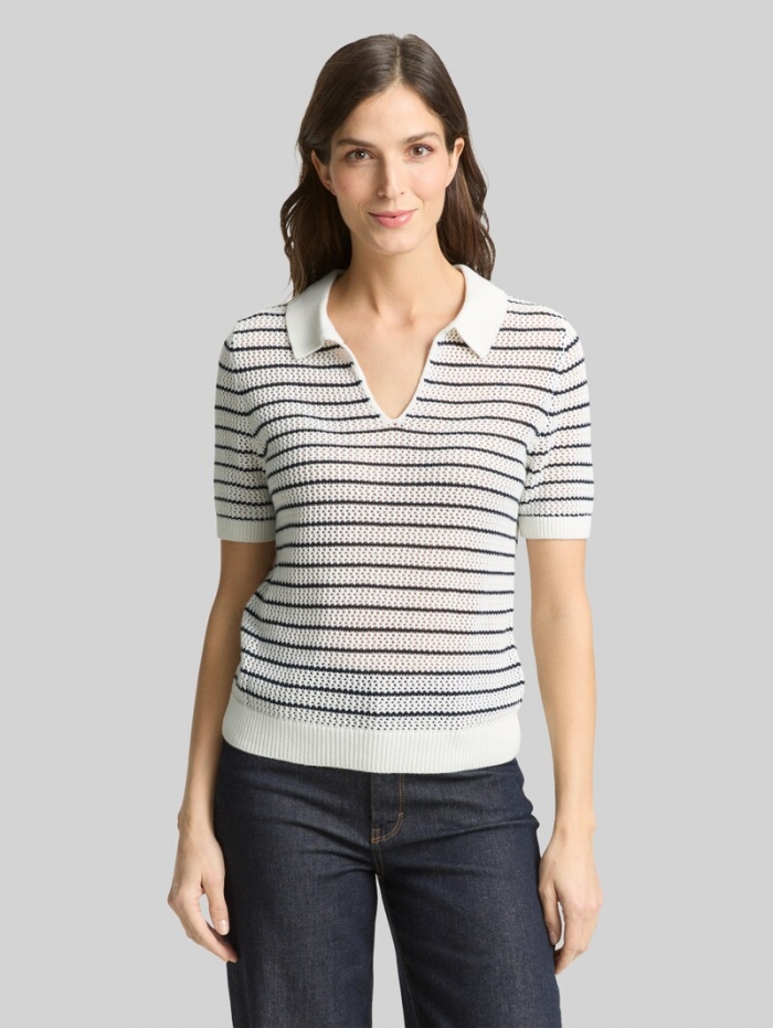 Tom Tailor Strickpullover mit Polokragen - White Navy Structure Stripe Tom Tailor Strickpullover mit Polokragen - White Navy Structure Stripe