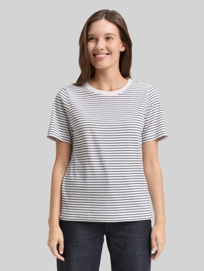 Tom Tailor T-Shirt aus Baumwolle - Offwhite Navy Thin Stripe Tom Tailor T-Shirt aus Baumwolle - Offwhite Navy Thin Stripe