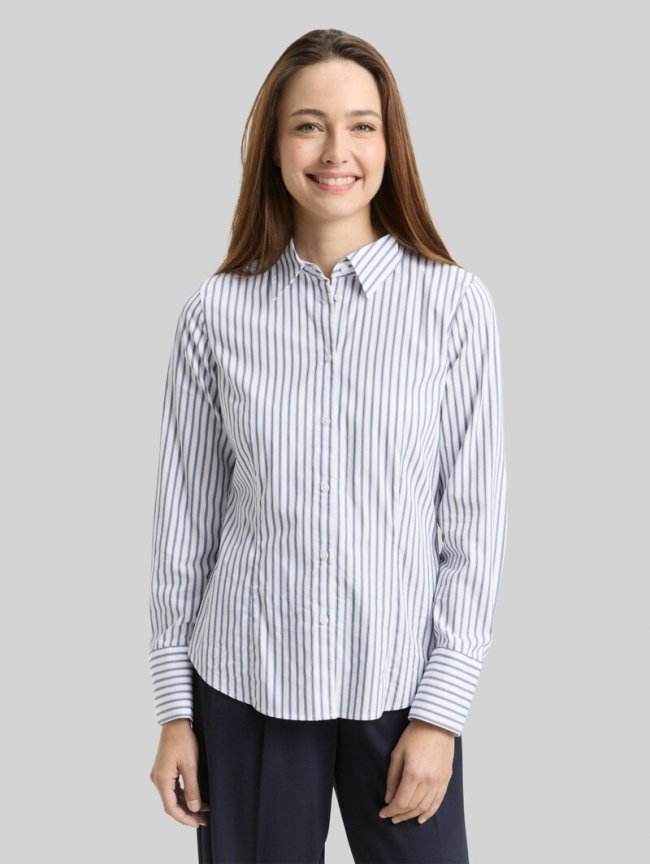 Tom Tailor Fitted Popeline Hemdbluse - White Blue Poplin Stripe Tom Tailor Fitted Popeline Hemdbluse - White Blue Poplin Stripe