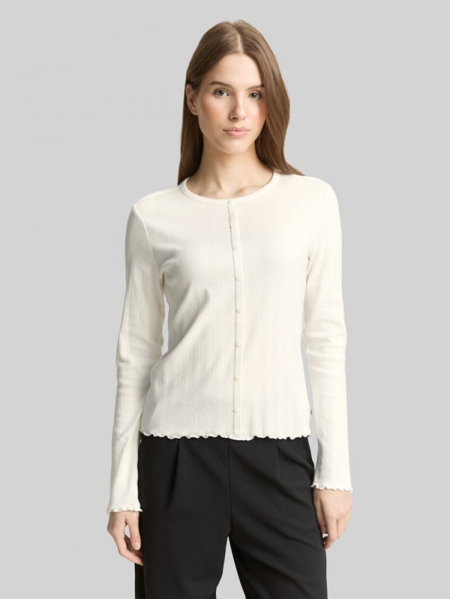 Tom Tailor Pointelle Langarmshirt mit Deko-Knopfleiste - Off White Tom Tailor Pointelle Langarmshirt mit Deko-Knopfleiste - Off White