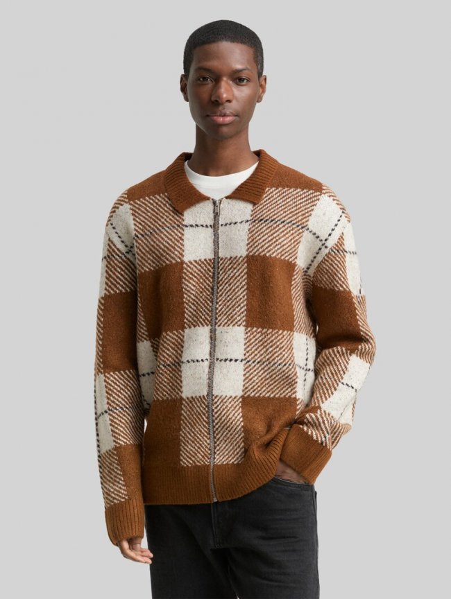 Tom Tailor Relaxed Fit Strickjacke mit Karomuster - Brown Offwhite Big Check Tom Tailor Relaxed Fit Strickjacke mit Karomuster - Brown Offwhite Big Check