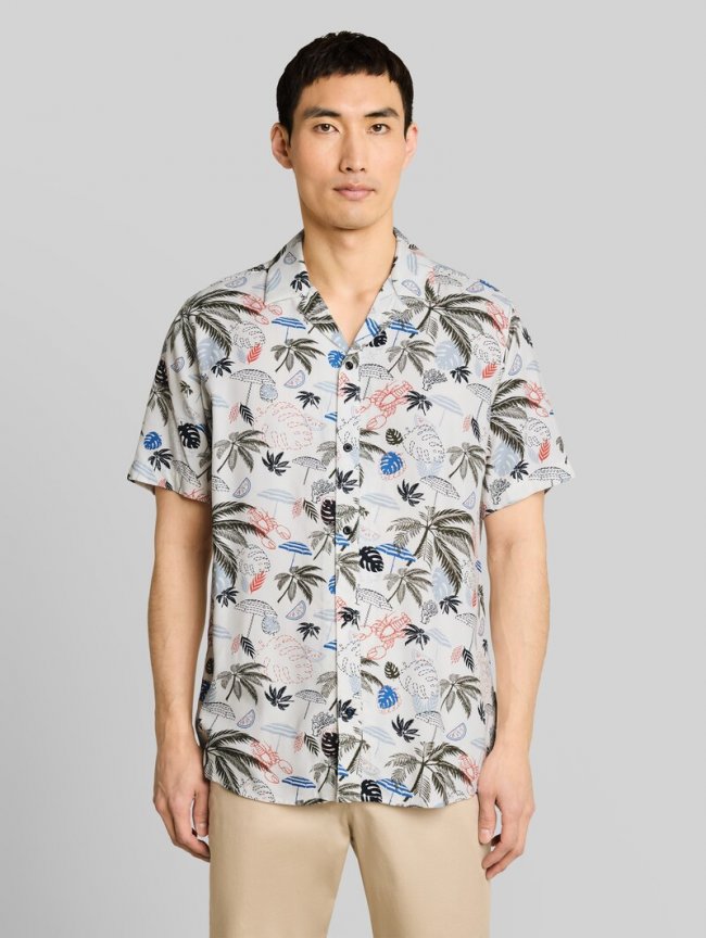 Tom Tailor Regular Fit Resort Kurzarmhemd aus Viskose - Off White Beach Design