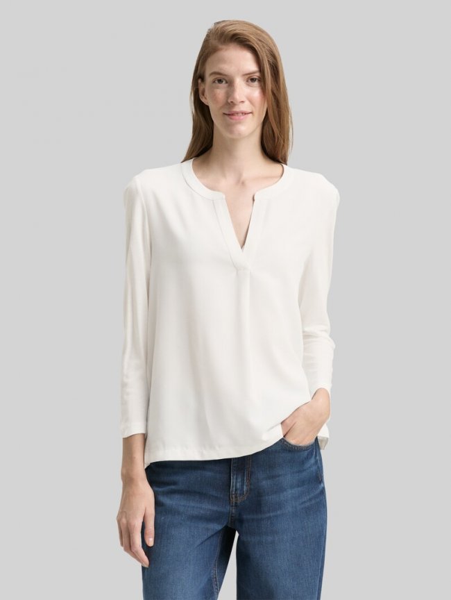 Tom Tailor Henley Langarmshirt im Material-Mix - Whisper White Tom Tailor Henley Langarmshirt im Material-Mix - Whisper White