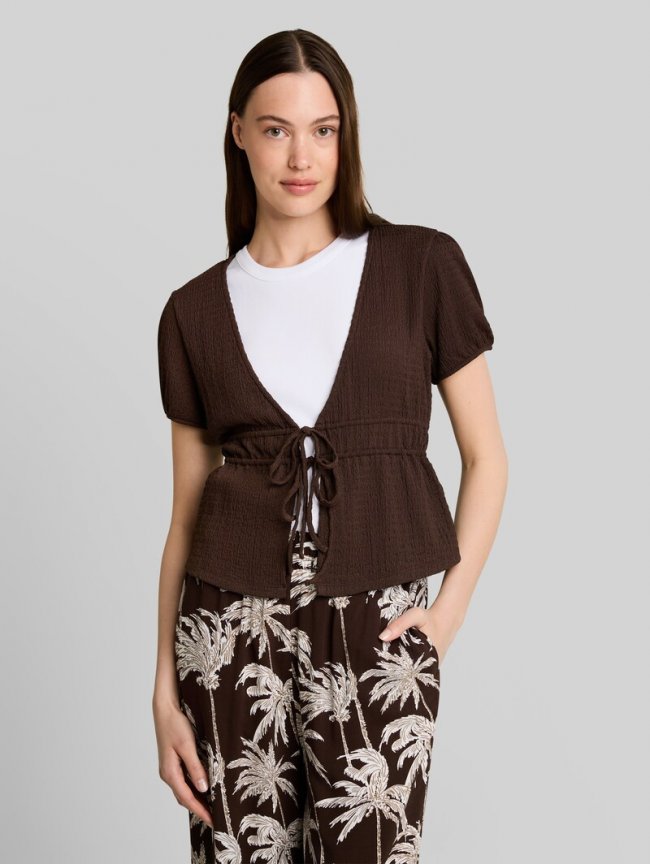 Tom Tailor Crinkle Bolero Bluse mit Schleifen - Cool Dark Brown Tom Tailor Crinkle Bolero Bluse mit Schleifen - Cool Dark Brown