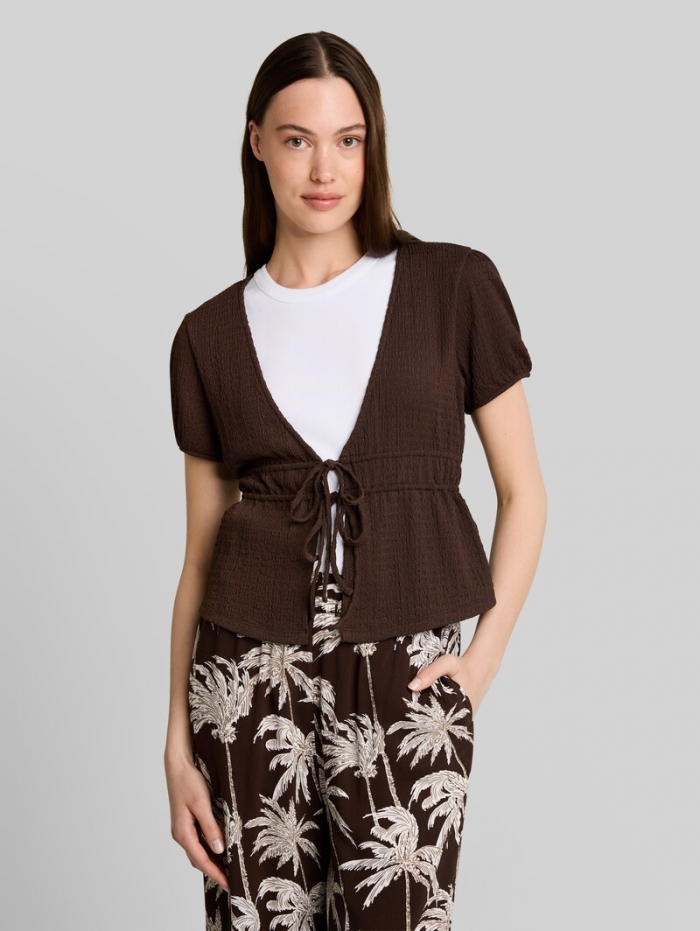 Tom Tailor Crinkle Bolero Bluse mit Schleifen - Cool Dark Brown Tom Tailor Crinkle Bolero Bluse mit Schleifen - Cool Dark Brown