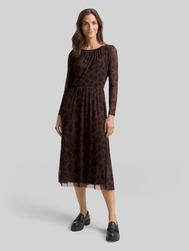 Tom Tailor Midi-Meshkleid mit Muster - Brown Black Big Leo Print Tom Tailor Midi-Meshkleid mit Muster - Brown Black Big Leo Print