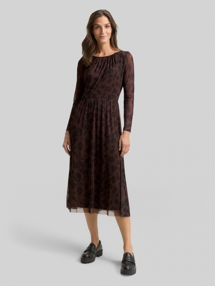 Tom Tailor Midi-Meshkleid mit Muster - Brown Black Big Leo Print Tom Tailor Midi-Meshkleid mit Muster - Brown Black Big Leo Print