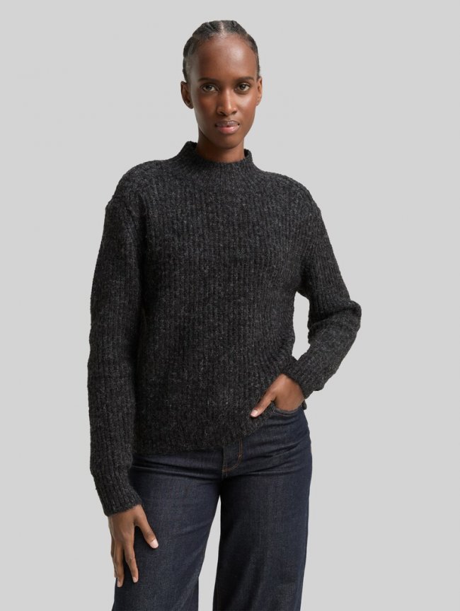 Tom Tailor Relaxed Fit Strickpullover mit Stehkragen - Shale Grey Melange