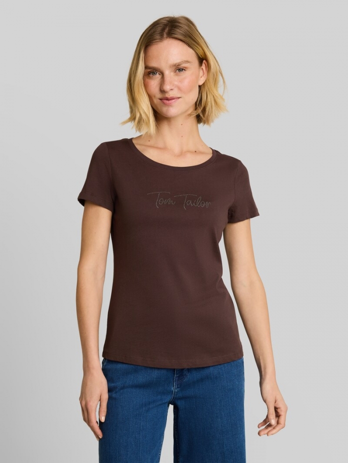 Tom Tailor T-Shirt mit Glitzer-Logo - Java Dark Brown