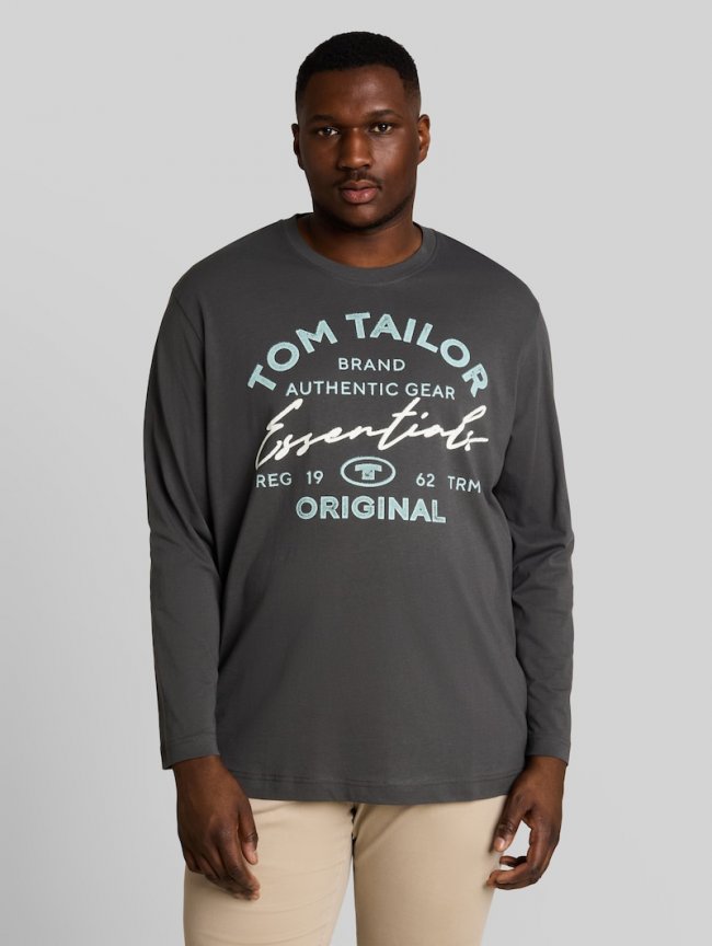 Tom Tailor Plus Size - Langarmshirt mit Logo-Print - Dark Shadow Tom Tailor Plus Size - Langarmshirt mit Logo-Print - Dark Shadow
