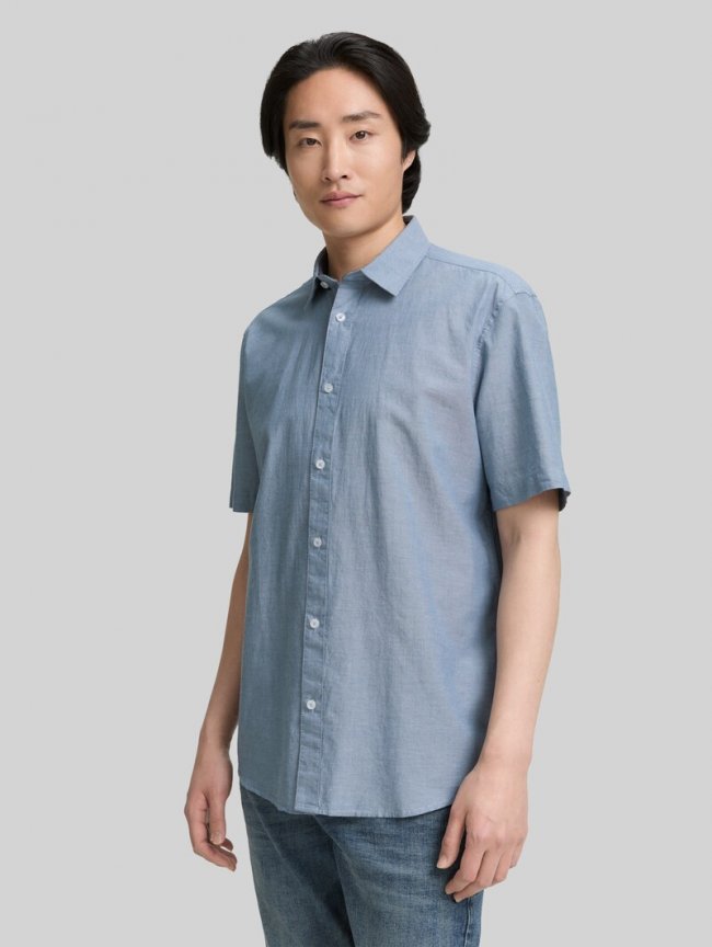 Tom Tailor Regular Fit Kurzarmhemd aus Baumwolle - Real Teal Blue Chambray Tom Tailor Regular Fit Kurzarmhemd aus Baumwolle - Real Teal Blue Chambray