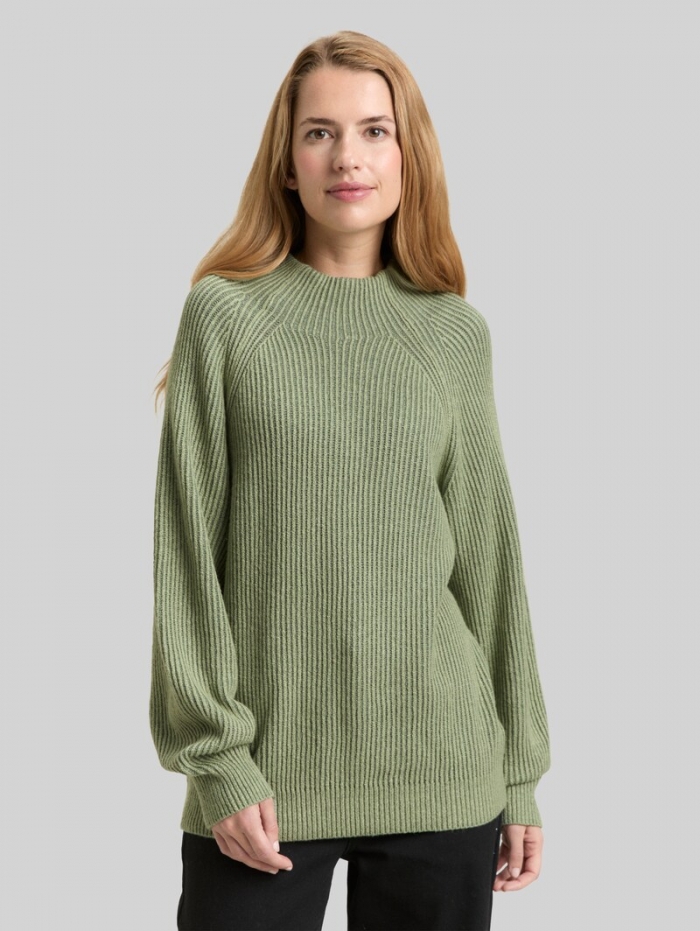 Tom Tailor Gerippter Pullover mit Stehkragen - Pale Bark Green Rib Structure Tom Tailor Gerippter Pullover mit Stehkragen - Pale Bark Green Rib Structure