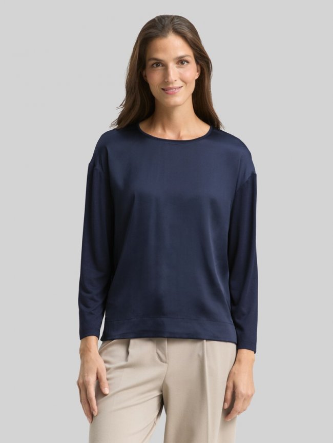 Tom Tailor Loose Fit Langarmshirt im Material-Mix - Sky Captain Blue Tom Tailor Loose Fit Langarmshirt im Material-Mix - Sky Captain Blue