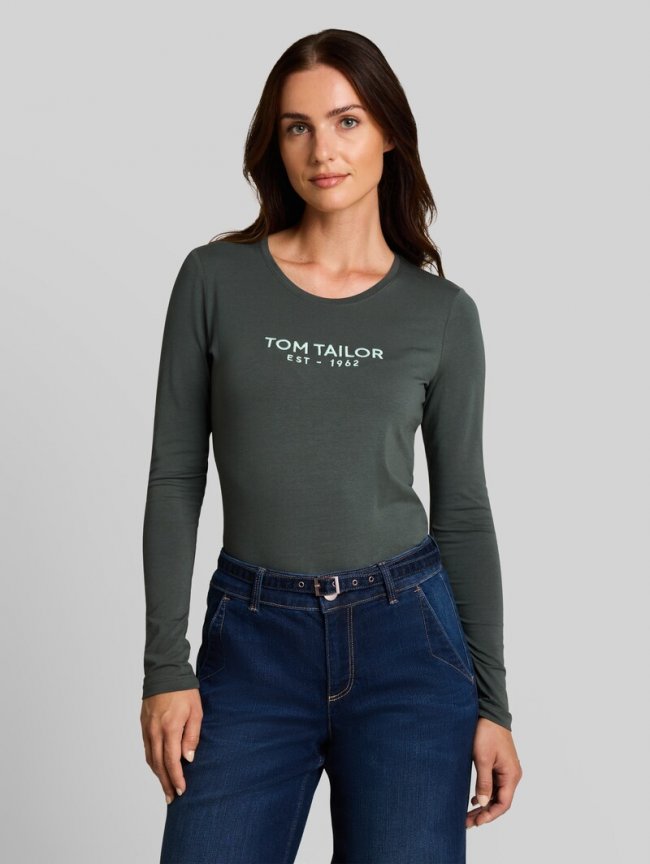 Tom Tailor Langarmshirt mit Logo-Print - Darkest Olive Tom Tailor Langarmshirt mit Logo-Print - Darkest Olive