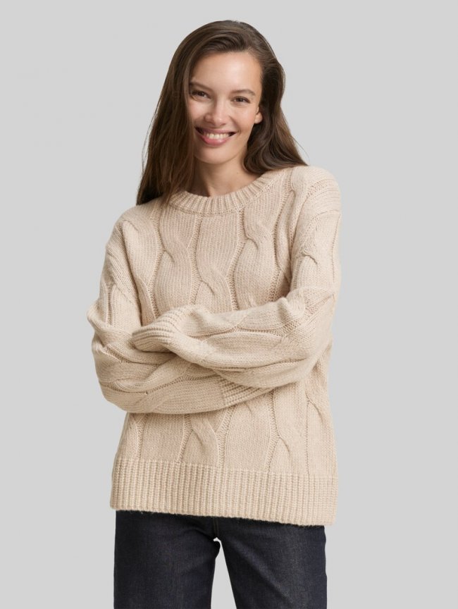 Tom Tailor Loose Fit Strickpullover mit Zopfmuster - Soft Taupe Melange Tom Tailor Loose Fit Strickpullover mit Zopfmuster - Soft Taupe Melange