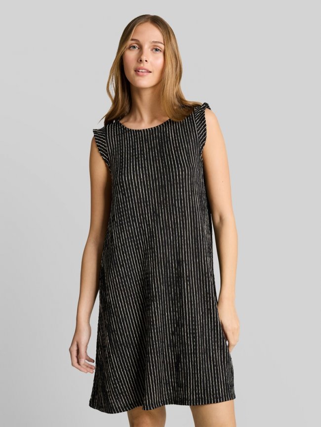 Tom Tailor Crinkle Mini-Kleid mit Volantärmeln - Black Beige Stripe Tom Tailor Crinkle Mini-Kleid mit Volantärmeln - Black Beige Stripe