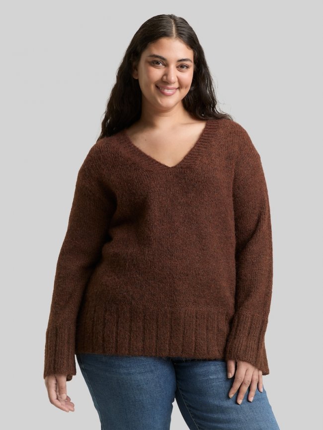 Tom Tailor Plus Size - Loose Fit Strickpullover mit Wollanteil - Dark Pecan Brown Melange Tom Tailor Plus Size - Loose Fit Strickpullover mit Wollanteil - Dark Pecan Brown Melange