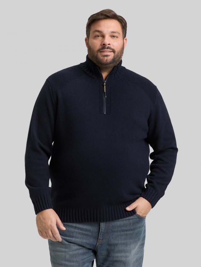 Tom Tailor Plus Size - Troyer Strickpullover mit Ripp-Details - Knitted Navy Melange Tom Tailor Plus Size - Troyer Strickpullover mit Ripp-Details - Knitted Navy Melange