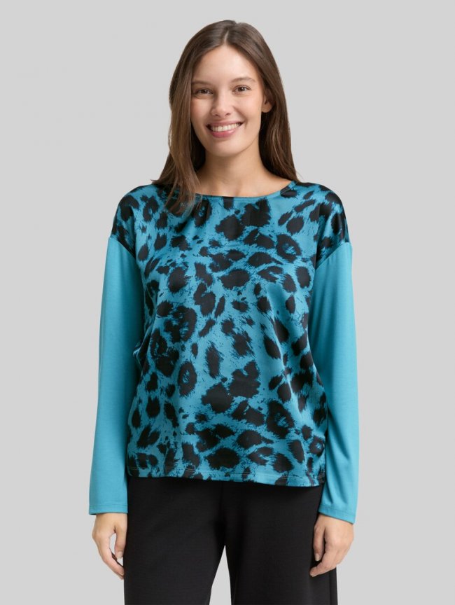 Tom Tailor Loose Fit Langarmshirt mit Leo-Print - Petrol Black Big Leo Print Tom Tailor Loose Fit Langarmshirt mit Leo-Print - Petrol Black Big Leo Print