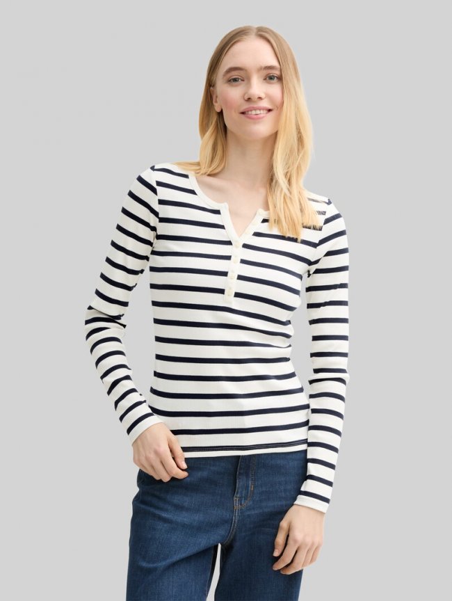 Tom Tailor Slim Fit Henley Langarmshirt - White Navy Stripe Tom Tailor Slim Fit Henley Langarmshirt - White Navy Stripe
