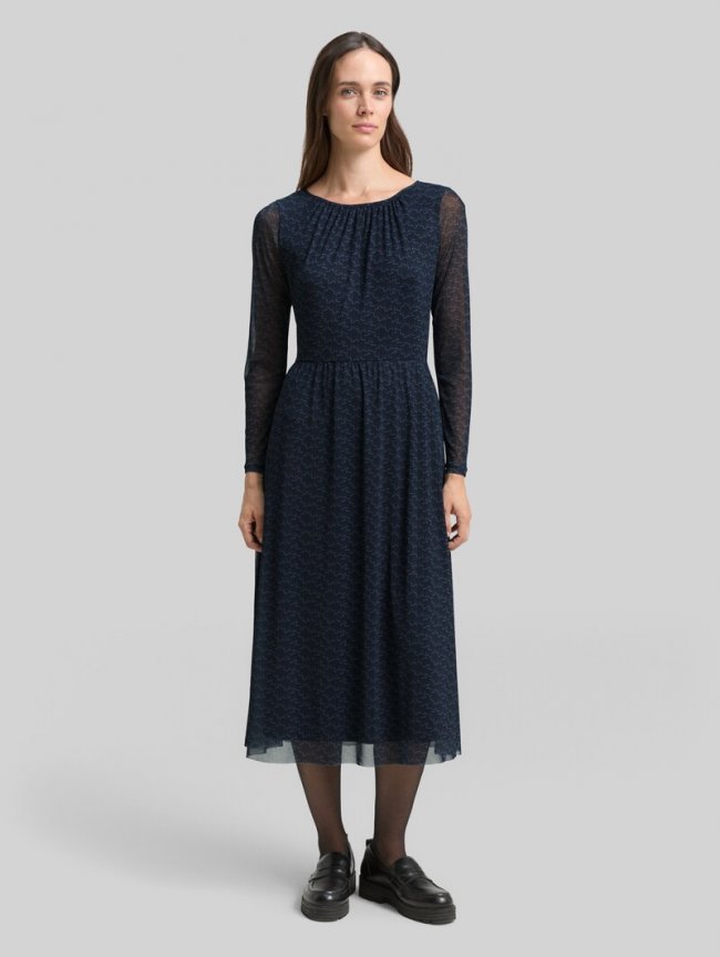 Tom Tailor Midi-Meshkleid mit Muster - Small Blue Wave Print Tom Tailor Midi-Meshkleid mit Muster - Small Blue Wave Print