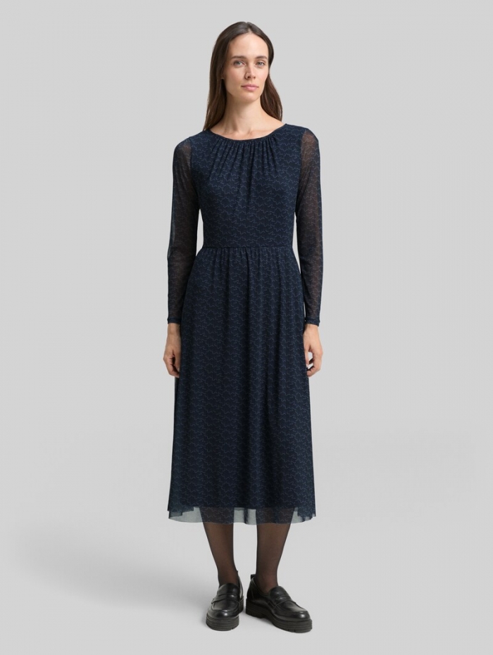 Tom Tailor Midi-Meshkleid mit Muster - Small Blue Wave Print Tom Tailor Midi-Meshkleid mit Muster - Small Blue Wave Print