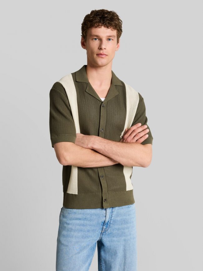 Tom Tailor Strickhemd mit Resort Kragen und Knopfleiste - Faded Green White Colorblock Tom Tailor Strickhemd mit Resort Kragen und Knopfleiste - Faded Green White Colorblock
