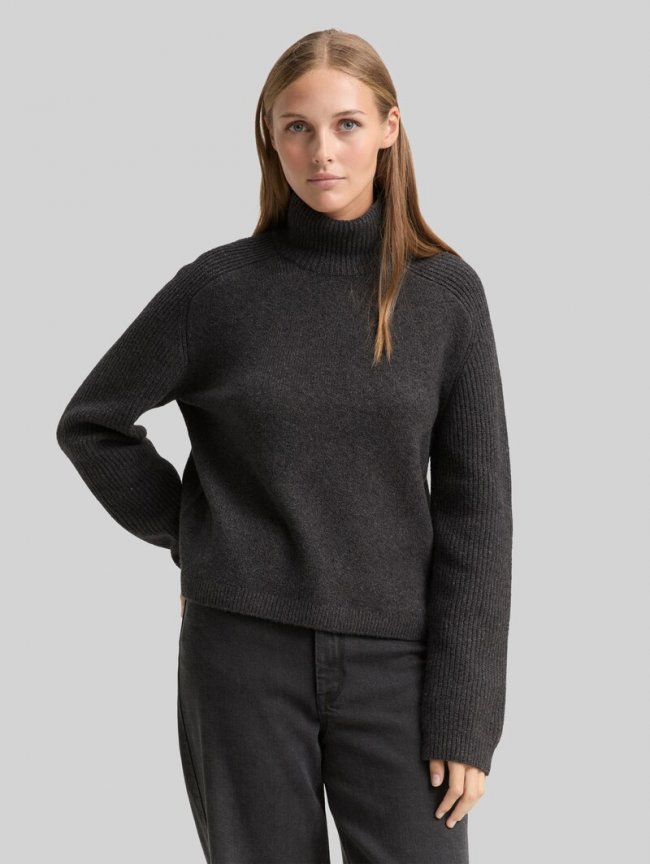 Tom Tailor Relaxed Fit Strickpullover mit Stehkragen - Shale Grey Melange Tom Tailor Relaxed Fit Strickpullover mit Stehkragen - Shale Grey Melange
